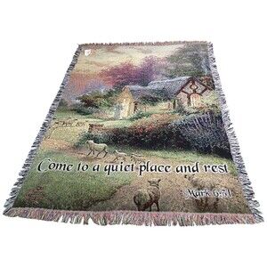 Thomas Kinkade Tapestry Throw Blanket Good Shepherds Cottage Mark 6:31 Sympathy